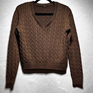 John Galt Brown V-Neck Cable Knit Sweater, One Size